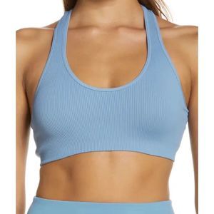 Zella Breezy Racerback Ribbed Scoop Neck Sports Bra In Blue Veil